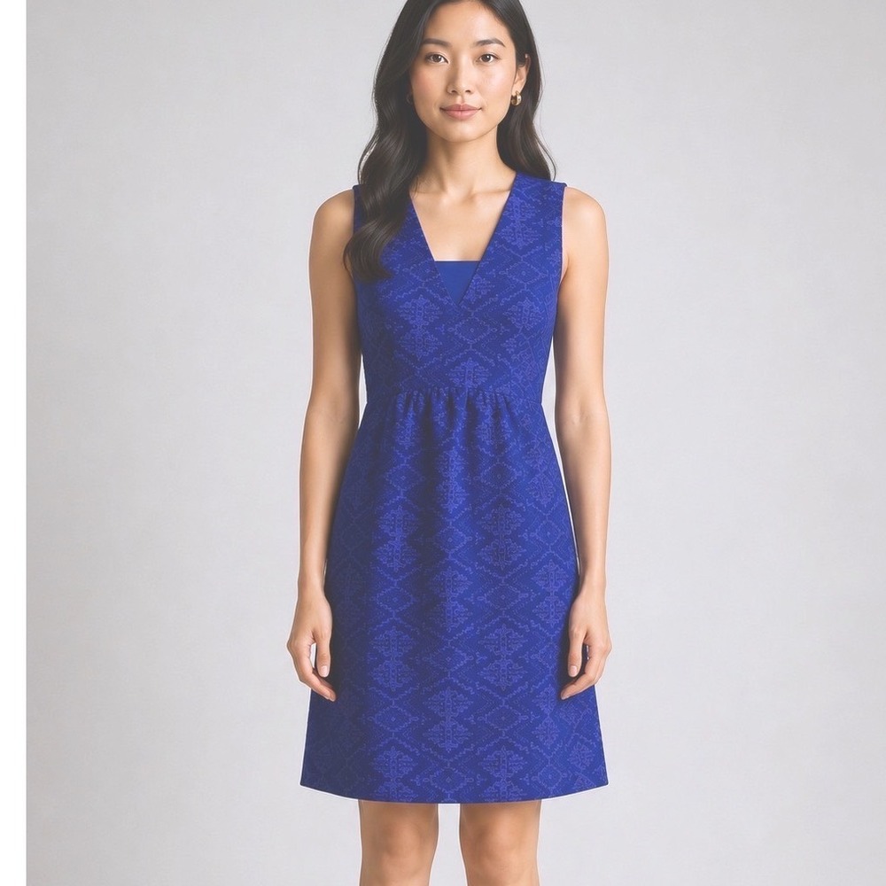 Maeve Anthropologie Blue Geometric Jacquard V-Neck Fit & Flare Dress Size 8